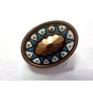 ANTIQUE ART DECO EDWARDIAN BLUE WHITE ENAMEL GOLD OVAL 1" BROOCH PIN "C" CLASP
